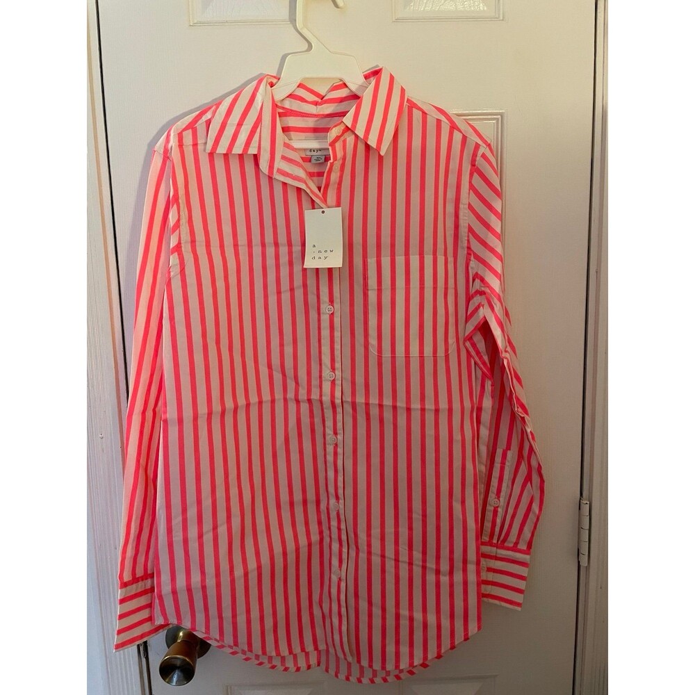 A new day Neon pink and white striped button down gown shirt XS NWT